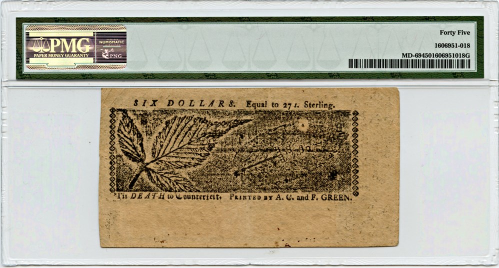 image for: FR. MD-69 1774 10-Apr $6 Maryland Colonial Note PMG Extremely Fine 45