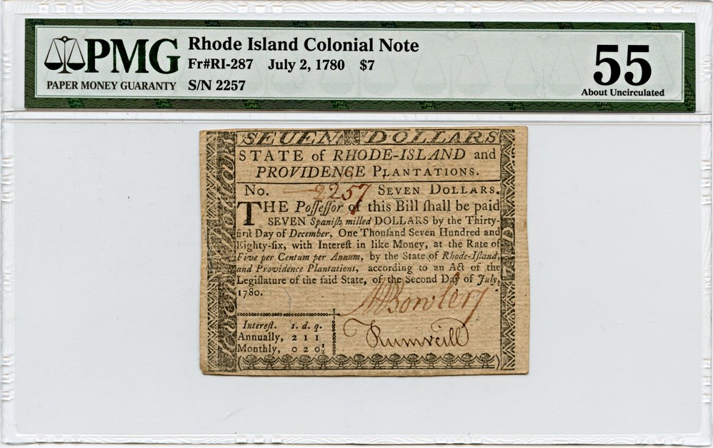 image for: FR. RI-287 1780 2-Jul $7 Rhode Island Colonial Note PMG About Unc 55