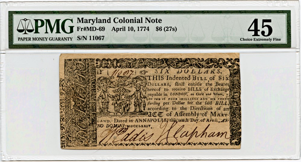 image for: FR. MD-69 1774 10-Apr $6 Maryland Colonial Note PMG Extremely Fine 45