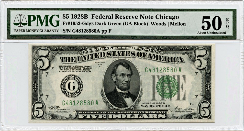 image for: FR. 1952-G 1928B $5 Federal Reserve Note Chicago PMG About Unc 50 EPQ