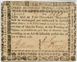 image for: FR. VA208 1781 1-Mar $500 Virginia Colonial Note PMG Very Fine 35 (Corner Tips Missing, Internal Split)