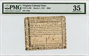image for: FR. VA208 1781 1-Mar $500 Virginia Colonial Note PMG Very Fine 35 (Corner Tips Missing, Internal Split)