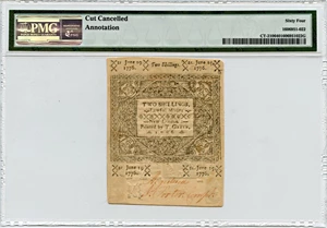 image for: FR. CT-210 1776 19-Jun 2s Connecticut Colonial Note PMG Choice Unc 64 (Cut Cancelled, Annotation)