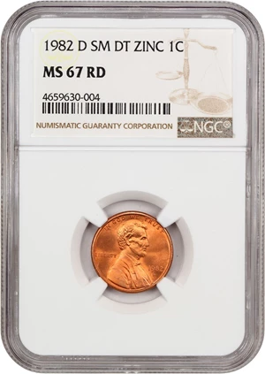image for: 1982-D 1c NGC MS67 RD (Zinc, Small Date)