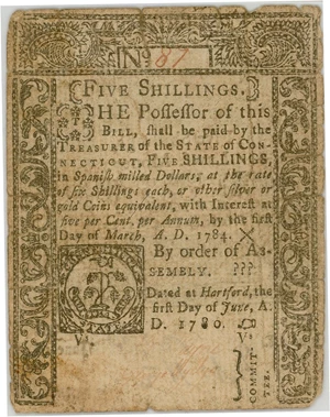 image for: FR. CT-229 June 1, 1780 5s Connecticut Colonial Note PMG Fine 15 (Cut Cancelled, Tears)