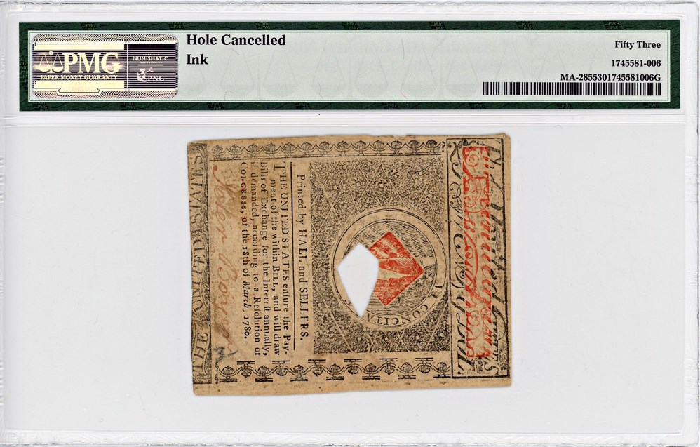 image for: FR. MA-285 May 5, 1780 $20 Massachusetts Colonial Note PMG About Unc 53 (Hole Cancelled, Ink)