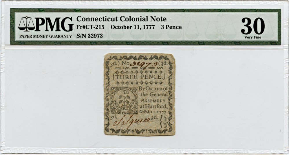 image for: FR. CT-215 October 11, 1777 3d Connecticut Colonial Note PMG Very Fine 30 (Slash Cancelled)