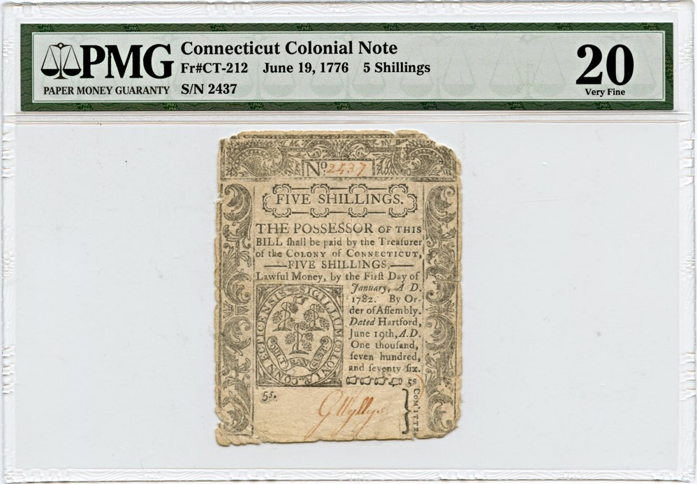 image for: FR. CT-212 June 19, 1776 5 Shillings Connecticut Colonial Note PMG Very Fine 20 (Cut Cancelled, Edge Damage)