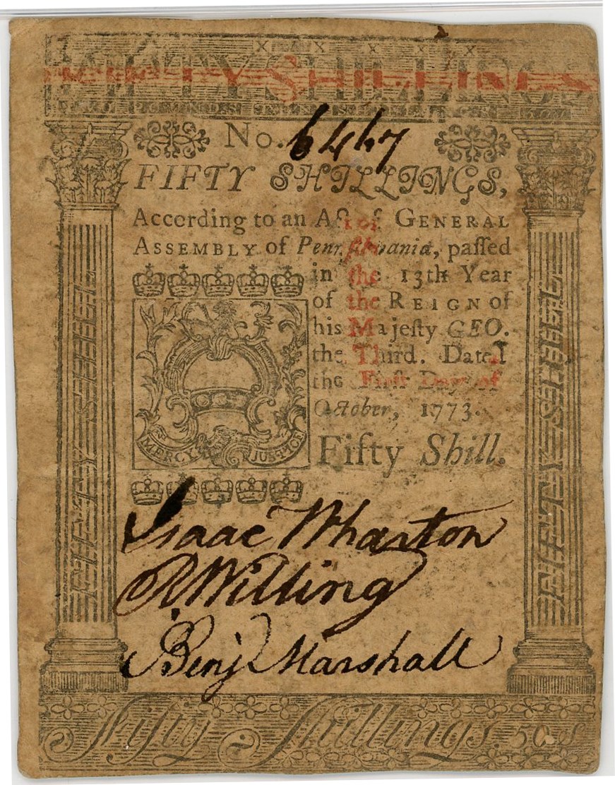 image for: FR. PA-170 October 1, 1773 50s Pennsylvania Colonial Note PMG About Unc 53 (Stains)