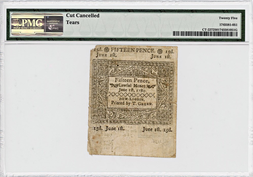 image for: FR. CT-227 June 1, 1780 1s/3d Connecticut Colonial Note PMG Very Fine 25 (Cut Cancelled, Tears)