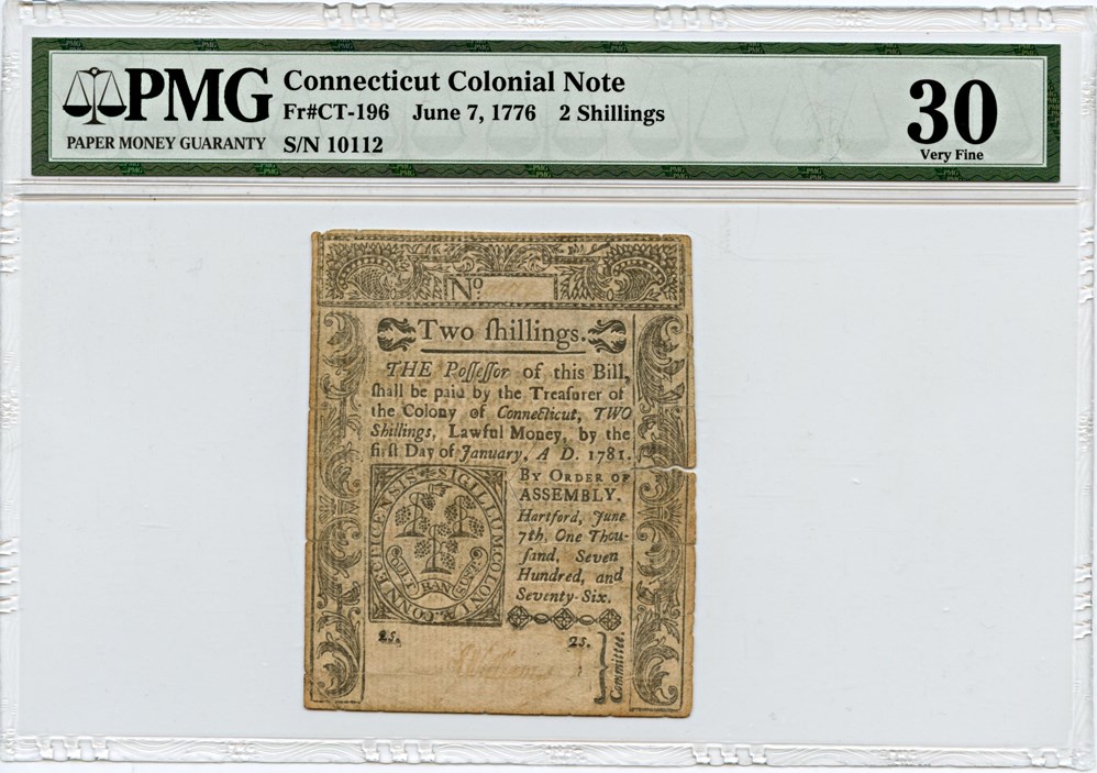 image for: FR. CT-196 June 7, 1776 2s Connecticut Colonial Note PMG Very Fine 30 (Cut Cancelled, Tears)