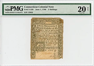 image for: FR. CT-229 June 1, 1780 5s Connecticut Colonial Note PMG Very Fine 20 (Cut Cancelled, Large Tears)