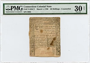 image for: FR. CT-225 March 1, 1780 40s Counterfeit Connecticut Colonial Note PMG Very Fine 30 (Backed, Stains)