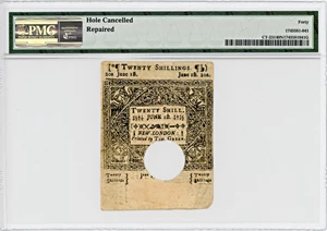 image for: FR. CT231 June 1, 1780 20s Connecticut Colonial Note PMG Choice Extremely Fine 40 (Hole Cancelled, Repaired)