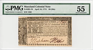 image for: FR. MD-70 April 10, 1774 $8 Maryland Colonial Note PMG About Unc 55 (Pinholes)