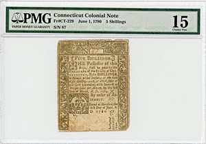 image for: FR. CT-229 June 1, 1780 5s Connecticut Colonial Note PMG Fine 15 (Cut Cancelled, Tears)