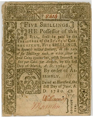 image for: FR. CT-229 June 1, 1780 5 Shillings Connecticut Colonial Note PMG Fine 15 (Cut Cancelled, Tears)
