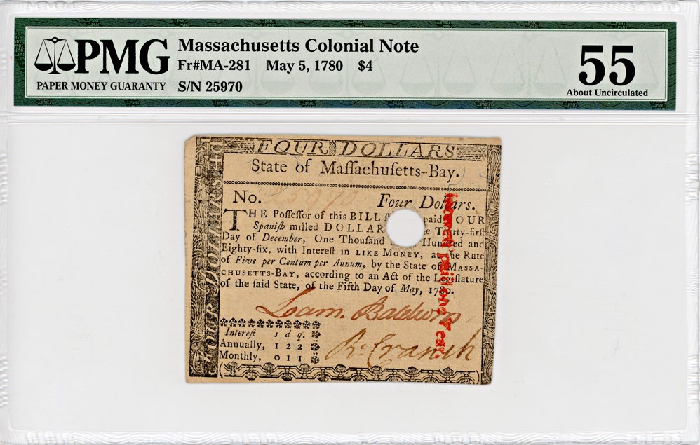 image for: FR. MA-281 May 5, 1780 $4 Massachusetts Colonial Note PMG About Unc 55 (Hole Cancelled)
