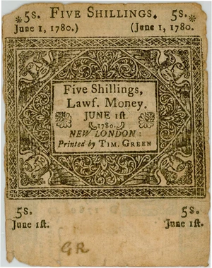 image for: FR. CT-229 June 1, 1780 5s Connecticut Colonial Note PMG Very Fine 20 (Cut Cancelled, Large Tears)