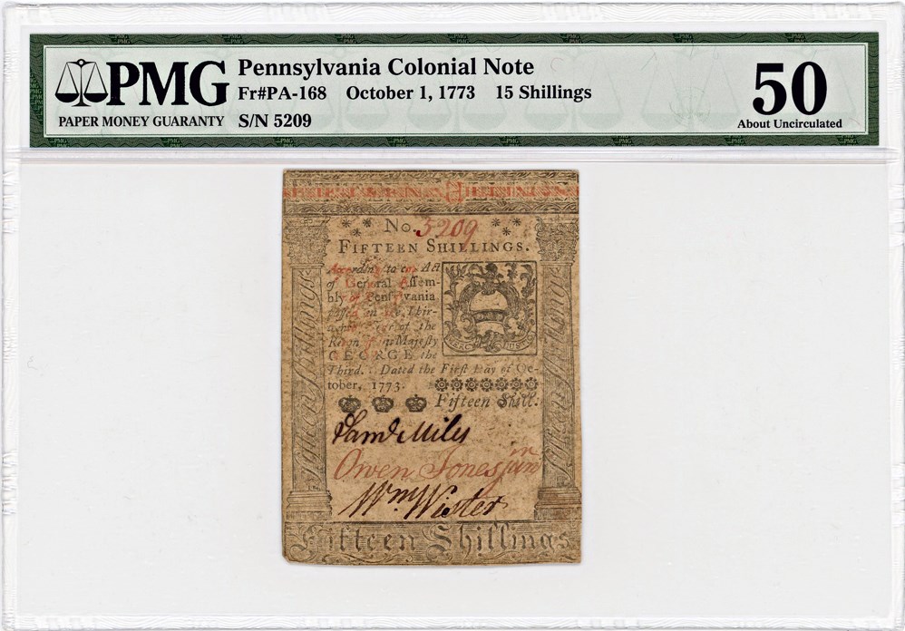 image for: FR. PA-168 October 1, 1773 15s Pennsylvania Colonial Note PMG About Unc 50