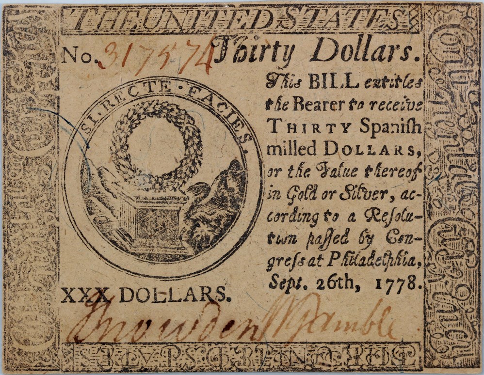 image for: FR. CC-83 September 26, 1778 $30 Continental Currency PMG About Unc 58