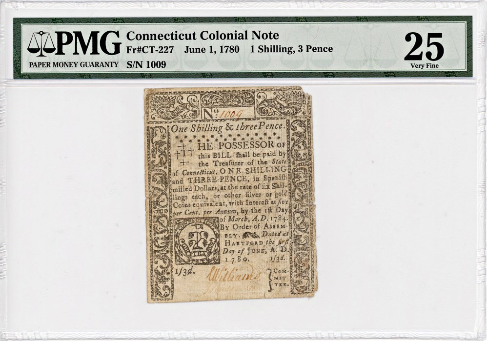 image for: FR. CT-227 June 1, 1780 1s/3d Connecticut Colonial Note PMG Very Fine 25 (Cut Cancelled, Tears)