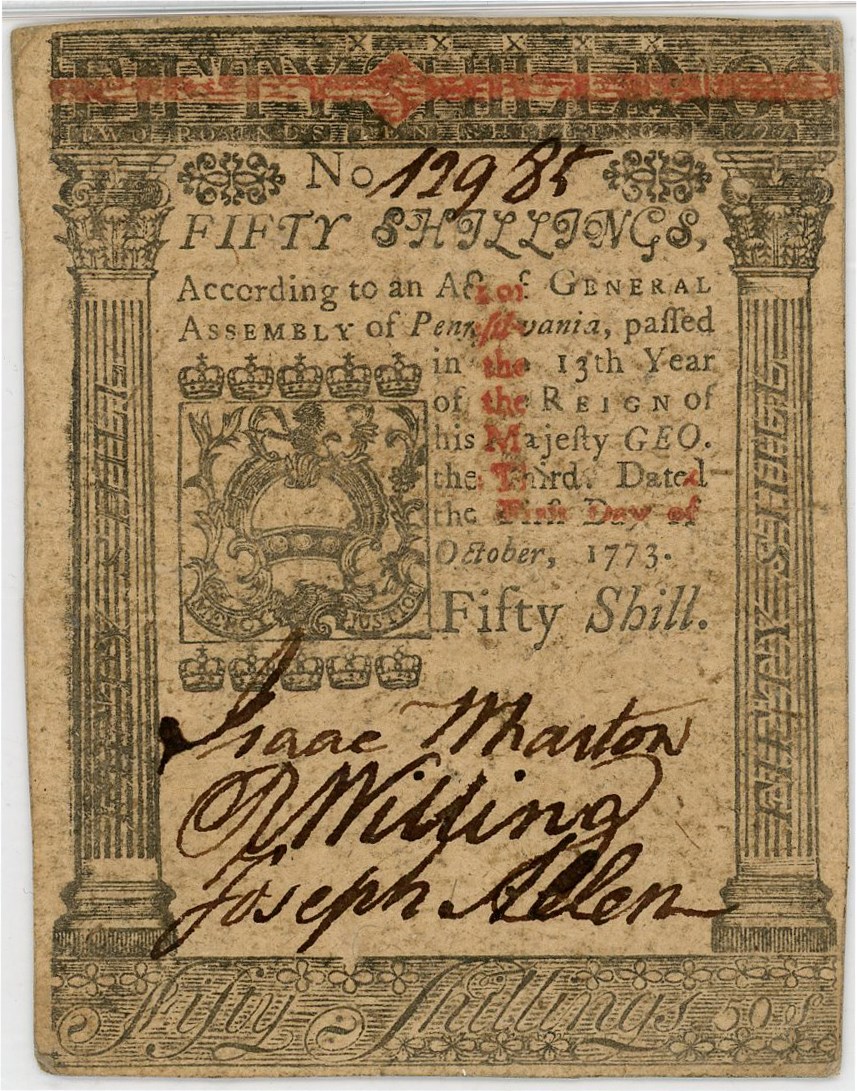 image for: FR. PA-170 October 1, 1773 50 Shillings Pennsylvania Colonial Note PMG Extremely Fine 45 EPQ