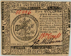 image for: FR. CC-27 February 17, 1776 $5 Continental Currency PMG About Unc 58 EPQ