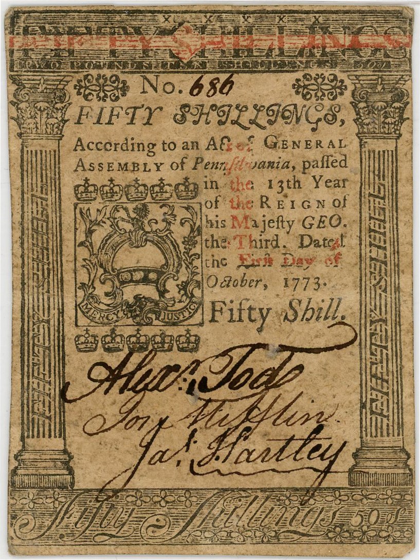 image for: FR. PA-170 October 1, 1773 50 Shillings Pennsylvania Colonial Note PMG About Unc 50 EPQ
