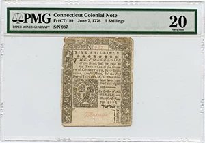 image for: FR. CT-199 June 7, 1776 5s Connecticut Colonial Note PMG Very Fine 20 (Slash Cancelled, Splits)