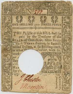 image for: FR. CT-220 March 1, 1780 1s/3d Connecticut Colonial Note PMG Very Fine 20 (Hole Cancelled, Tape Repair)