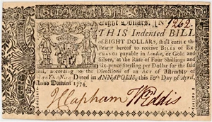 image for: FR. MD-70 April 10, 1774 $8 Maryland Colonial Note PMG About Unc 55 (Pinholes)