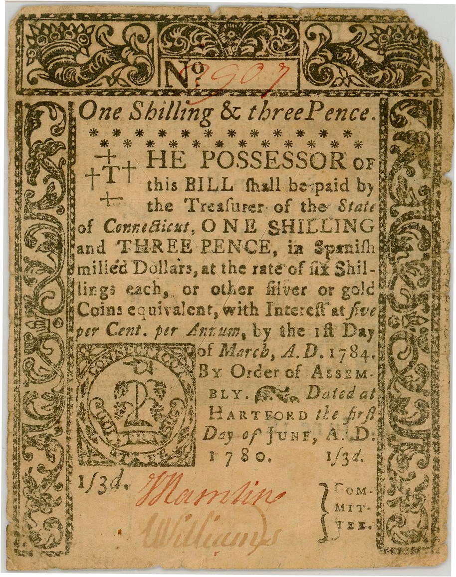 image for: FR. CT-227 June 1, 1780 1s/3d Connecticut Colonial Note PMG Very Fine 25 (Cut Cancelled, Corner Missing)