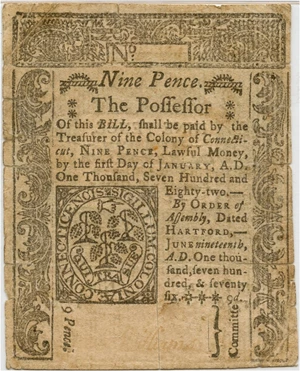 image for: FR. CT-206 June 19, 1776 9d Connecticut Colonial Note PMG Fine 15 (Slash Cancelled, Tears)