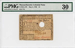 image for: FR. MA-278 May 5, 1780 $1 Massachusetts Colonial Note PMG Very Fine 30 (Hole Cancelled)