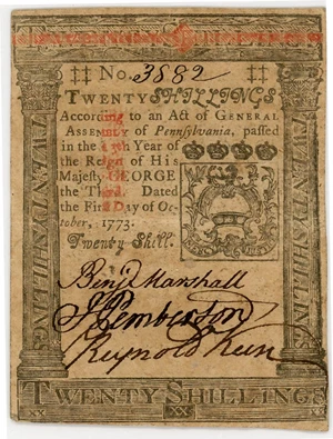 image for: FR. PA-169 October 1, 1773 20s Pennsylvania Colonial Note PMG About Unc 55