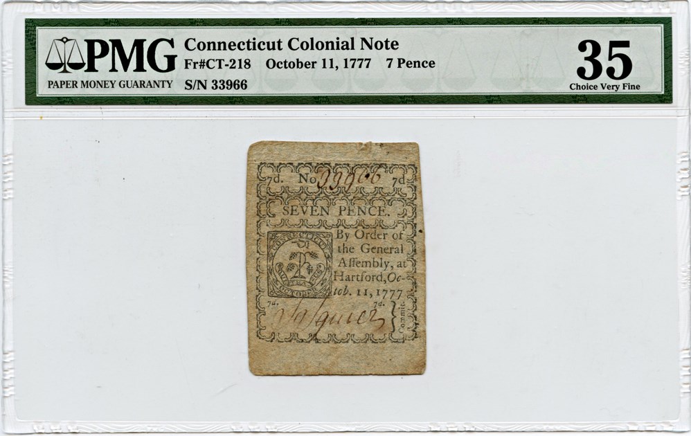 image for: FR. CT-218 October 11, 1777 7 Pence Connecticut Colonial Note PMG Very Fine 35 (Stains)