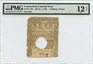 image for: FR. CT-220 March 1, 1780 1 Shilling, 3 Pence Connecticut Colonial Note PMG Fine 12 (Hole Cancelled, Tape Repairs, Tears)