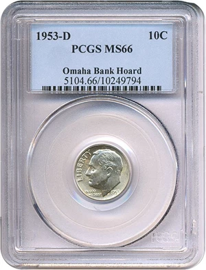 image for: 1953-D 10c PCGS MS66 ex: Omaha Bank Hoard