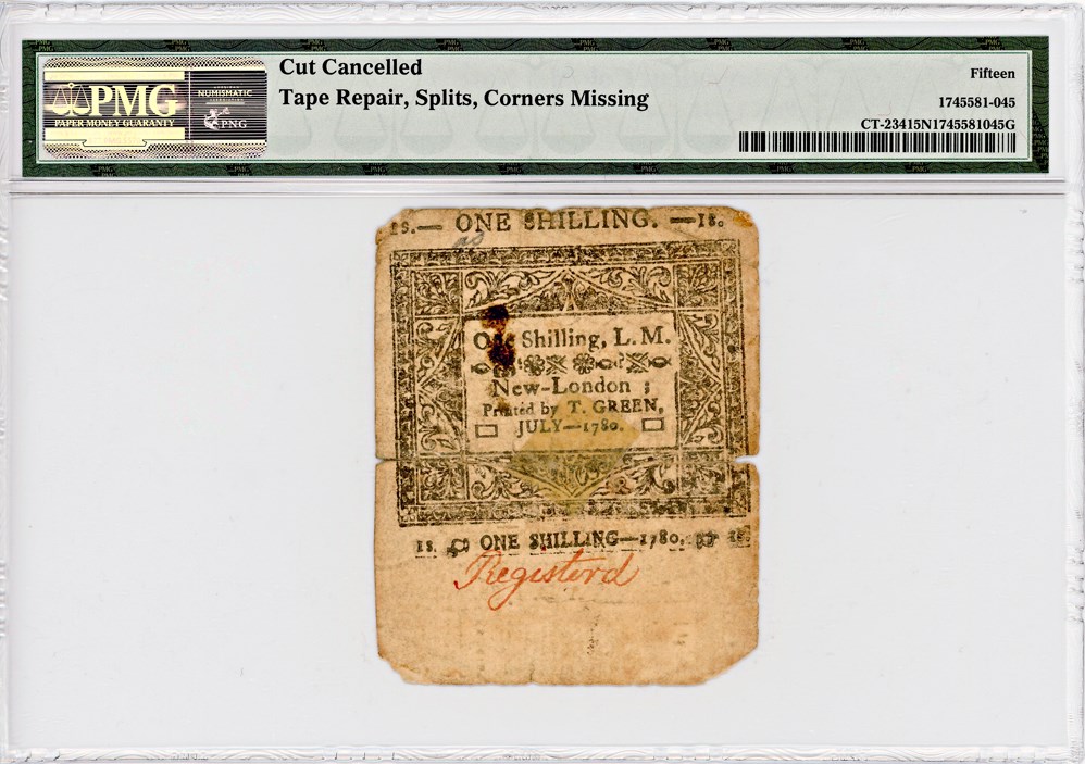 image for: FR. CT-234 July 1, 1780 1s Connecticut Colonial Note PMG Fine 15 (Cut Cancelled, Tape Repair, Splits, Corners Missing)