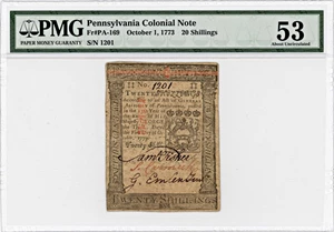 image for: FR. PA-169 October 1, 1773 20s Pennsylvania Colonial Note PMG About Unc 53