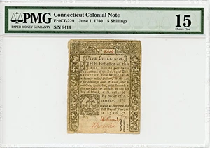 image for: FR. CT-229 June 1, 1780 5 Shillings Connecticut Colonial Note PMG Fine 15 (Cut Cancelled, Tears)