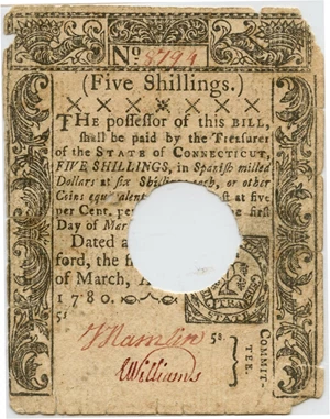 image for: FR. CT-222 March 1, 1780 5s Connecticut Colonial Note PMG Fine 15 (Hole Cancelled, Tape Repair, Splits, Corners Missing)