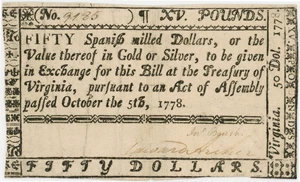 image for: FR. VA-162 October 5, 1778 $50 Virginia Colonial Currency PCGS Choice Extremely Fine 40