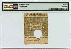 image for: FR. CT-220 March 1, 1780 1s/3d Connecticut Colonial Note PMG Very Fine 20 (Hole Cancelled, Tape Repair)