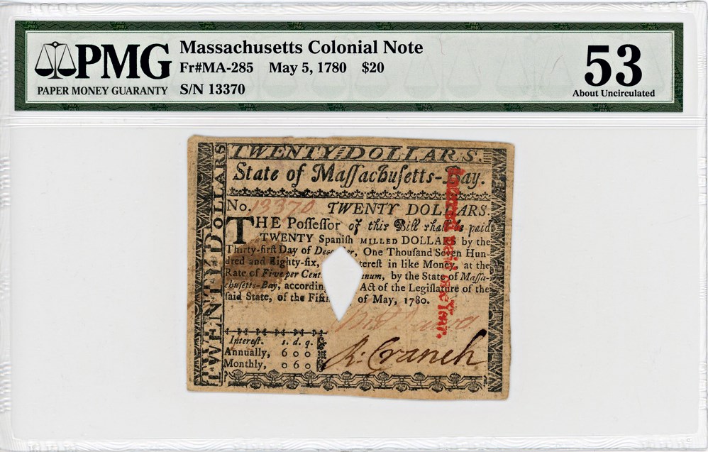 image for: FR. MA-285 May 5, 1780 $20 Massachusetts Colonial Note PMG About Unc 53 (Hole Cancelled, Ink)
