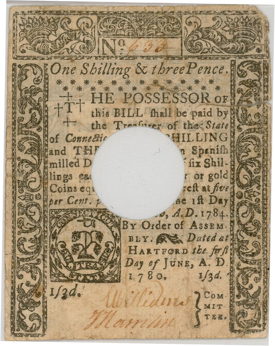 image for: FR. CT-227 June 1, 1780 1 Shilling, 3Pence Connecticut Colonial Note PMG Very Fine 20 (Hole Cancelled, Large Split)