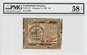 image for: FR. CC-27 February 17, 1776 $5 Continental Currency PMG About Unc 58 EPQ