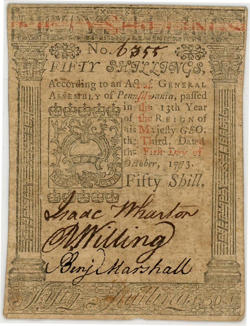 image for: FR. PA-170 October 1, 1773 50 Shillings Pennsylvania Colonial Note PMG Choice Extremely Fine 40 (Stains)
