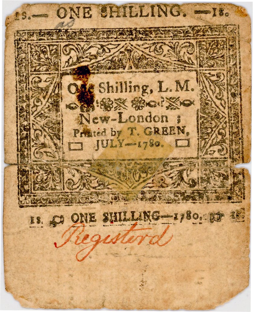 image for: FR. CT-234 July 1, 1780 1s Connecticut Colonial Note PMG Fine 15 (Cut Cancelled, Tape Repair, Splits, Corners Missing)